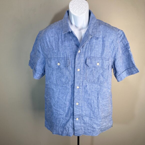 Banana Republic Men's blue 100% linen loop collar camp s/s shirt Medium M EUC - Picture 4 of 4